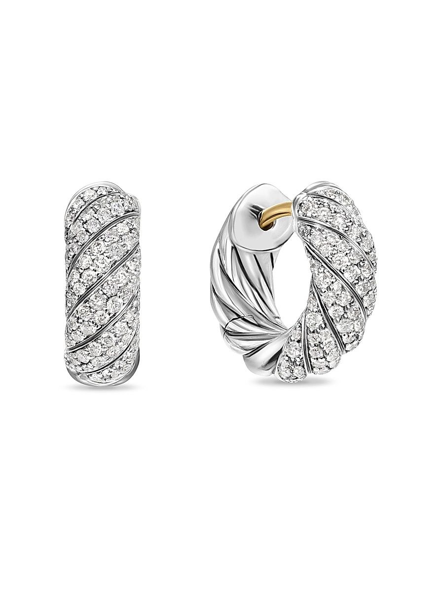Women's Sculpted Cable Hoop Earrings in Sterling Silver with Diamonds, 14.4MM - Diamond