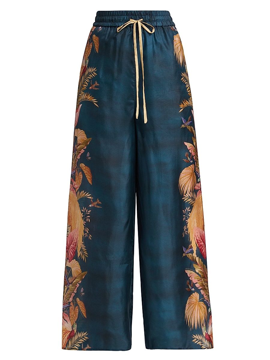 Women's Ascension Silk Relaxed Pants - Dark Blue Palm Floral - Size 2