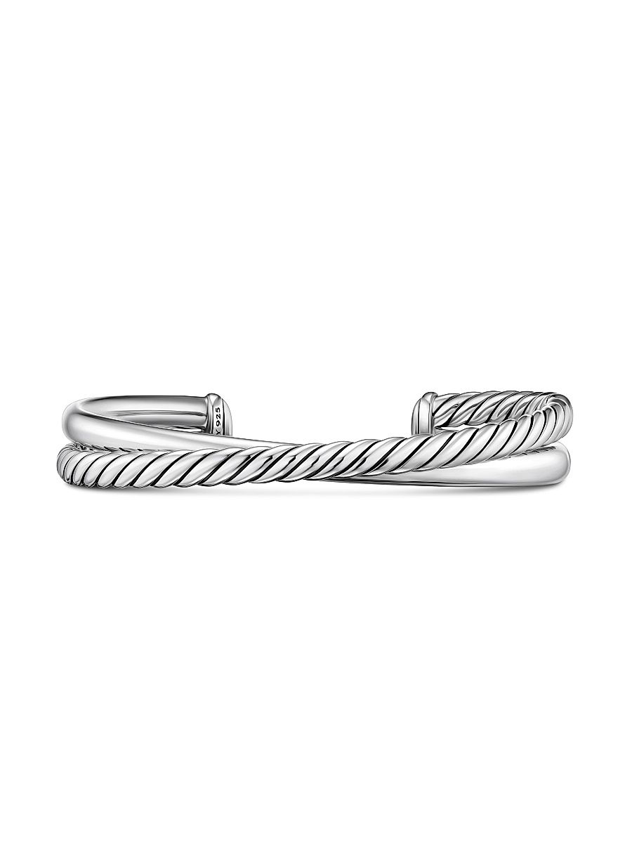 Women's Crossover Two Row Cuff Bracelet in Sterling Silver, 10.7MM - Silver - Size Medium