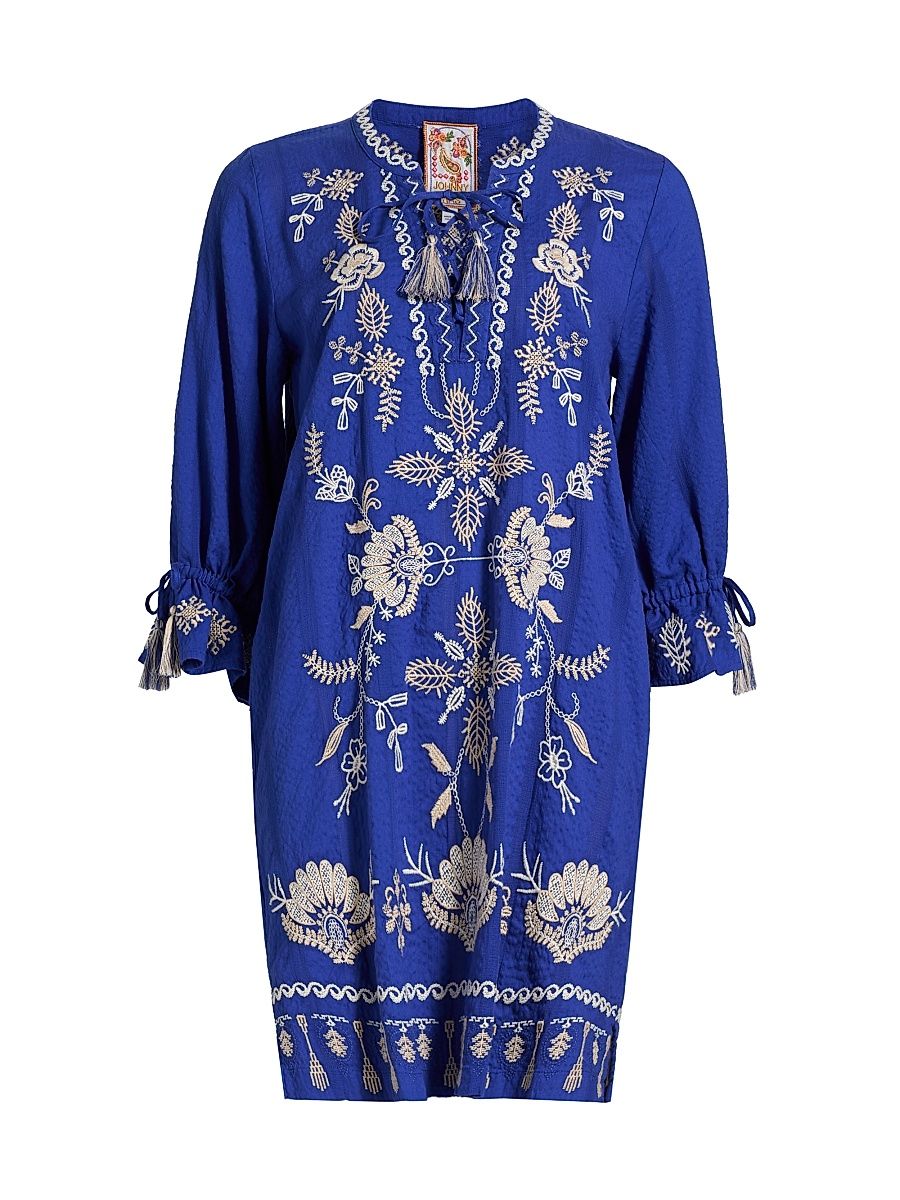 Women's Embroidered Tie-Front Minidress - Bluing - Size Small