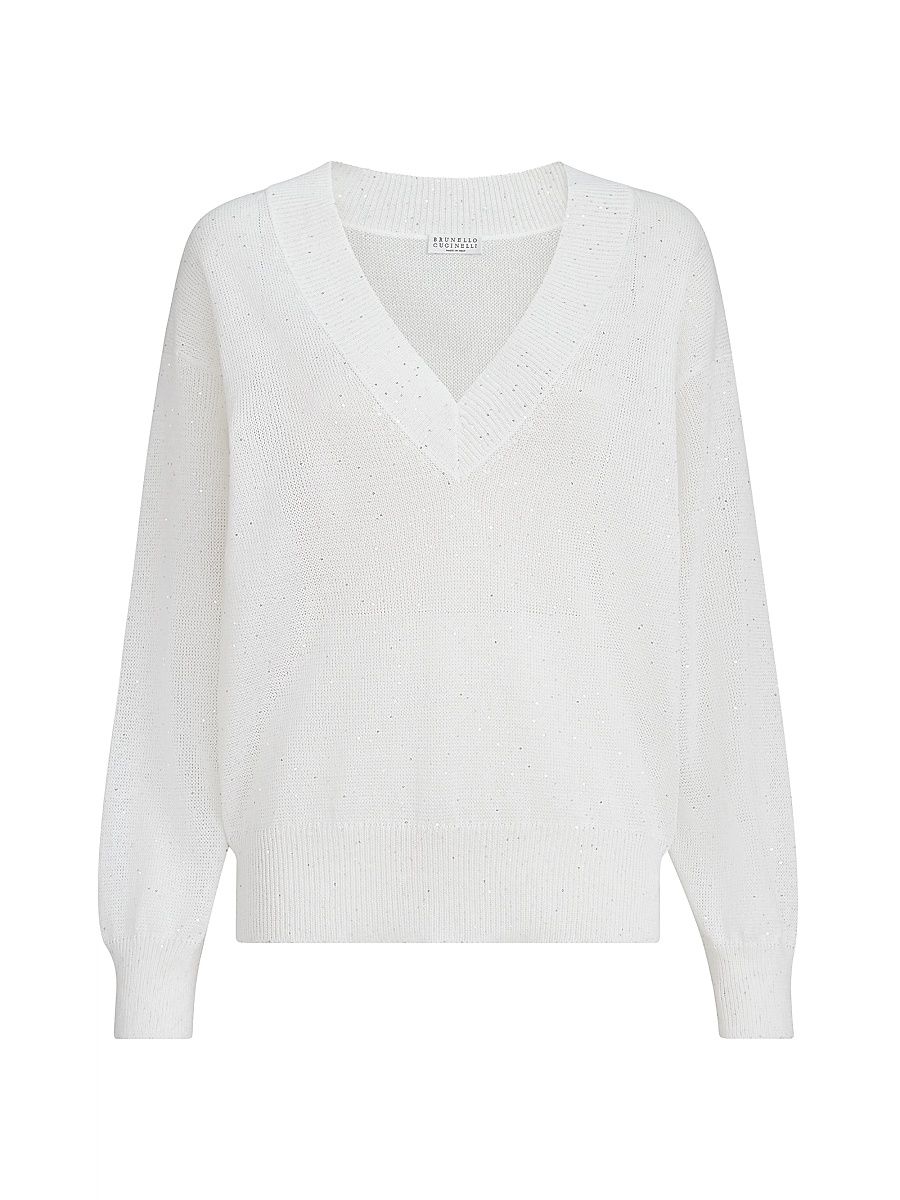 Women's Linen and Cotton Diamond Yarn Sweater - White - Size Medium