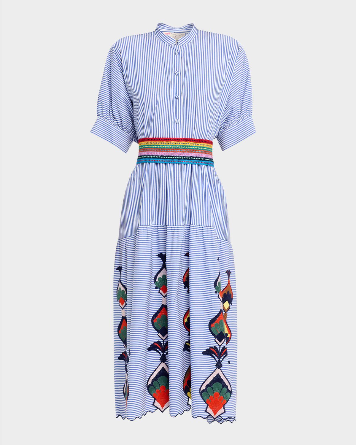 Striped Cotton Embroidered Midi Shirtdress