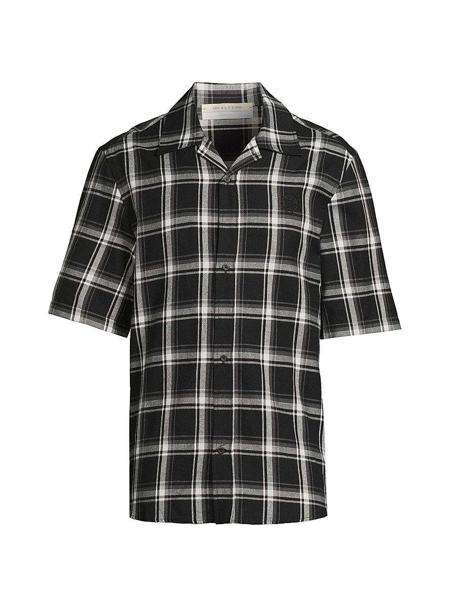 Men's Plaid Cotton Camp Shirt - Black - Size 38