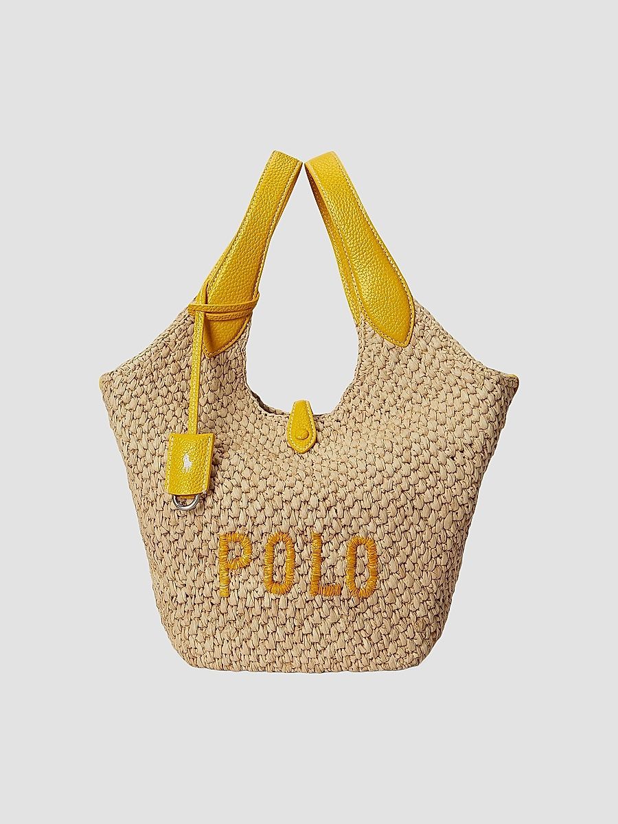 Polo Ralph Lauren Women's Medium Logo Raffia & Leather Tote Bag - Natural And Canary Yellow