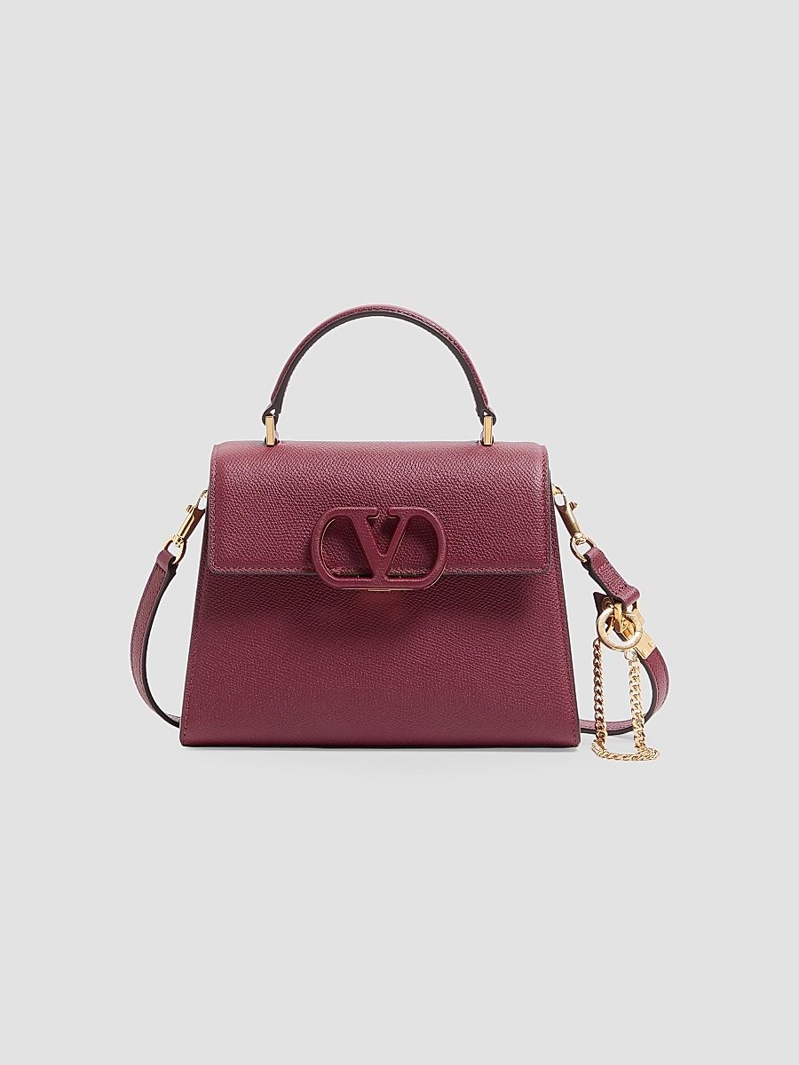Women's V-Sling Small Top Handle Bag in Grainy Calfskin - Cherry