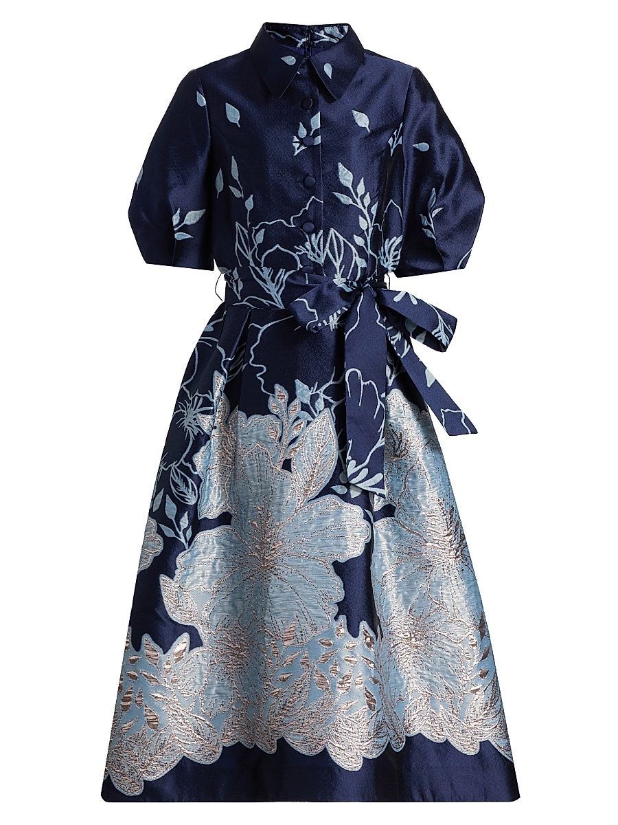 Women's Metallic Jacquard Tie-Waist Fit & Flare Midi-Dress - Navy Multi - Size 8