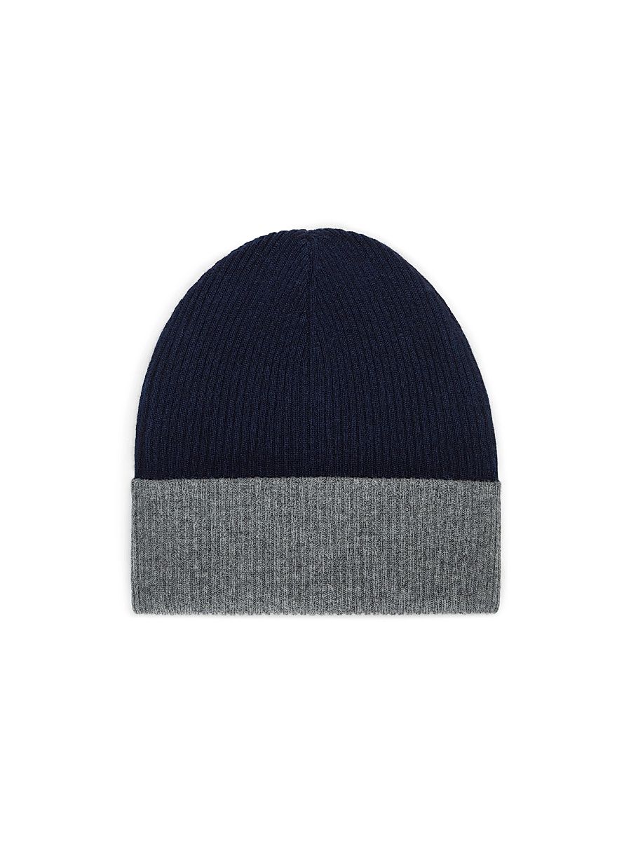 Men's Cashmere Double Knit Ribbed Beanie - Navy Blue - Size XXL