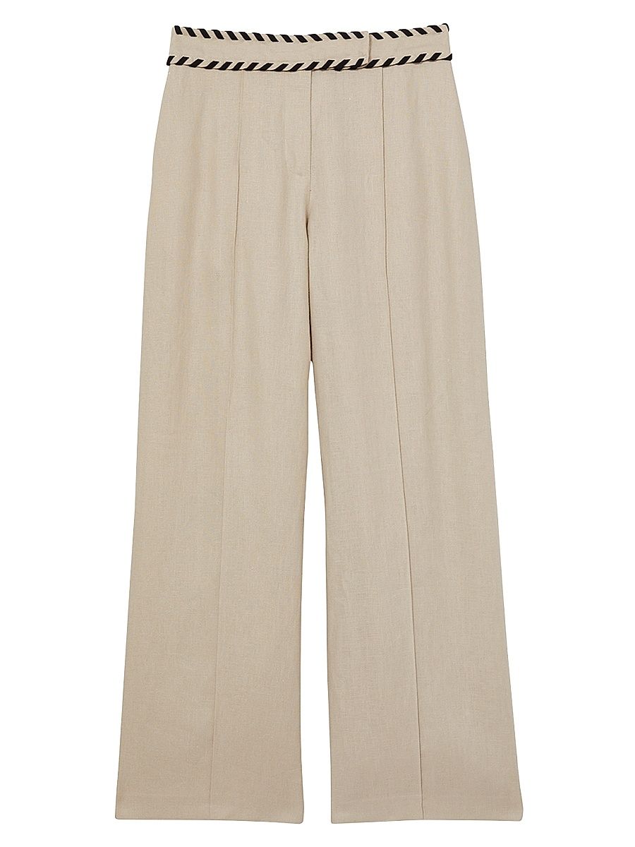 Women's Fawn High-Rise Whipstitch Linen Trousers - Beige - Size 14