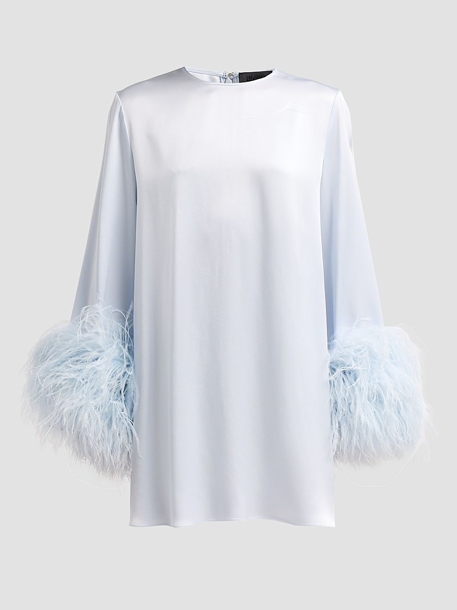 Women's Satin Feather-Cuff Shift Mini Dress - Cloud - Size XS