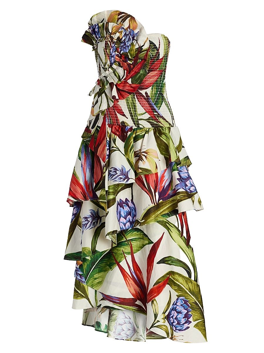 Women's Smocked Floral Cotton Strapless Maxi Dress - Sand - Size XL