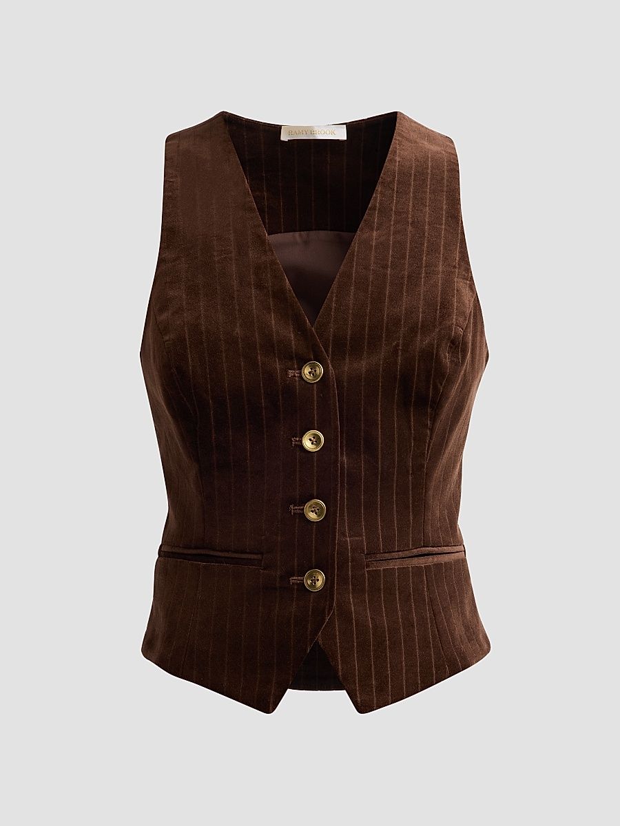 Women's Noelle Pinstriped Cotton-Blend Vest - Heritage Brown - Size 0