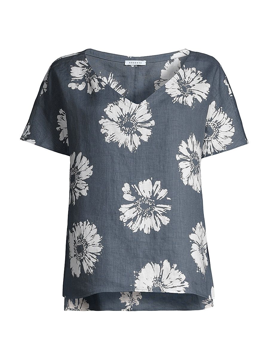 Women's Floral V-Neck Linen Top - Grey - Size 6