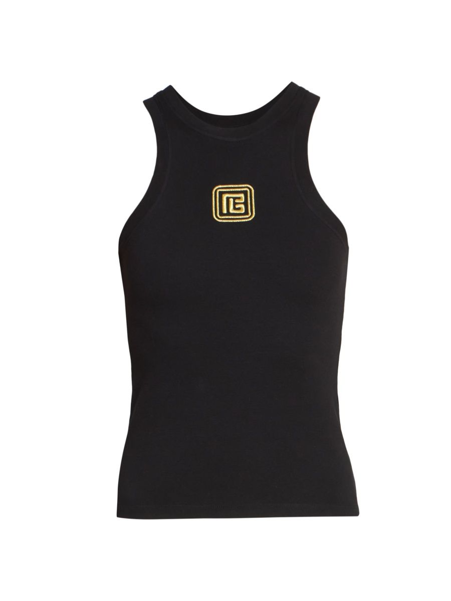 Balmain Women's Embroidered Monogram Cotton-Blend Tank - Black Gold - Size Small