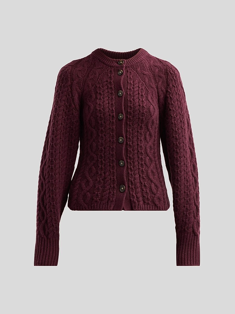 Women's Cable Sculpted Cashmere-Wool Crewneck Cardigan - Fig - Size Medium