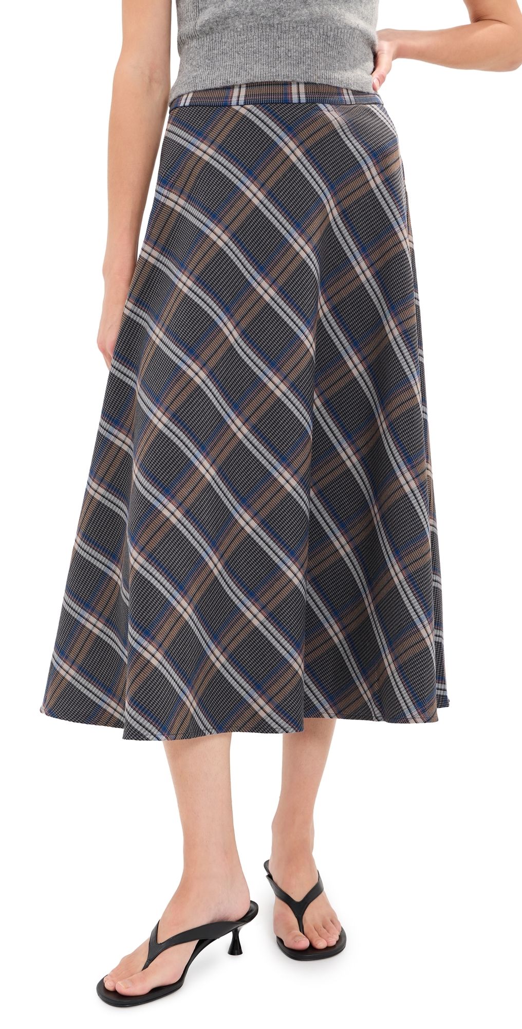 LE BOP Myrtle Circle Midi Skirt Taupe/Purple Plaid 6