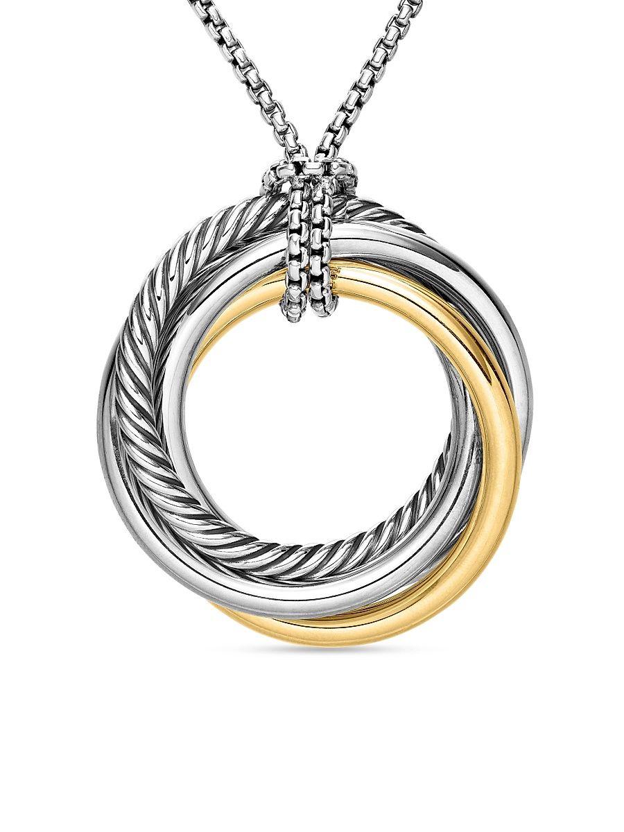 Women's Crossover Pendant Necklace in Sterling Silver with 14K Yellow Gold, 37mm - Silver