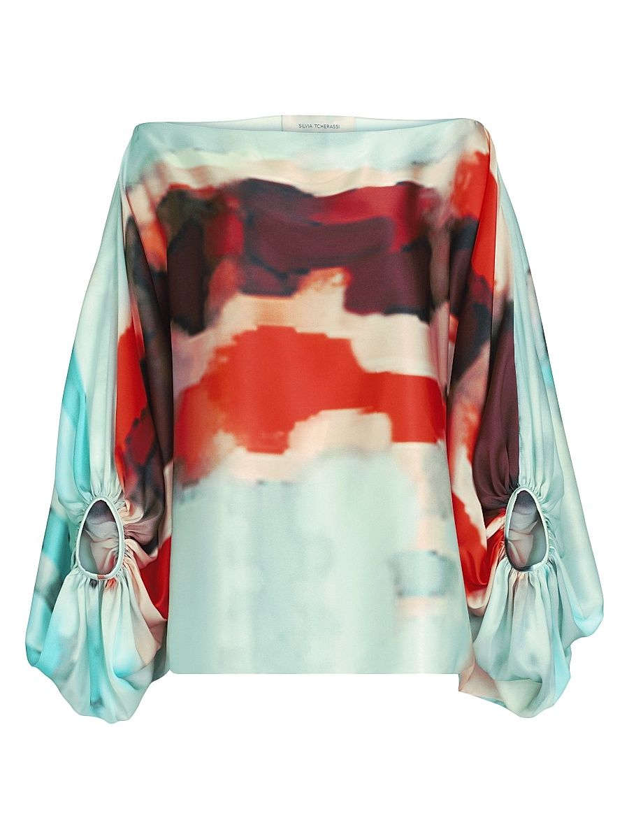 Women's Bellagio Silk Off-The-Shoulder Blouse - Aqua Watercolor - Size XS
