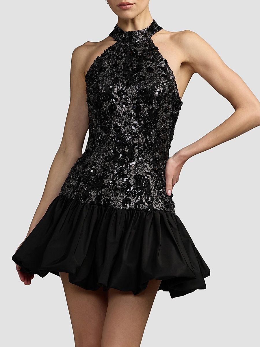 Women's Beaded Lace Halterneck Bubble Hem Mini Dress - Black Silver - Size 12
