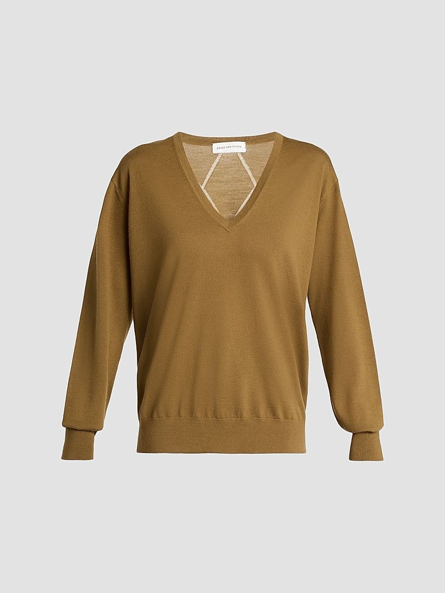 Women's Tuomas Bis Diamond-Stitch Merino Wool Sweater - Khaki - Size Medium
