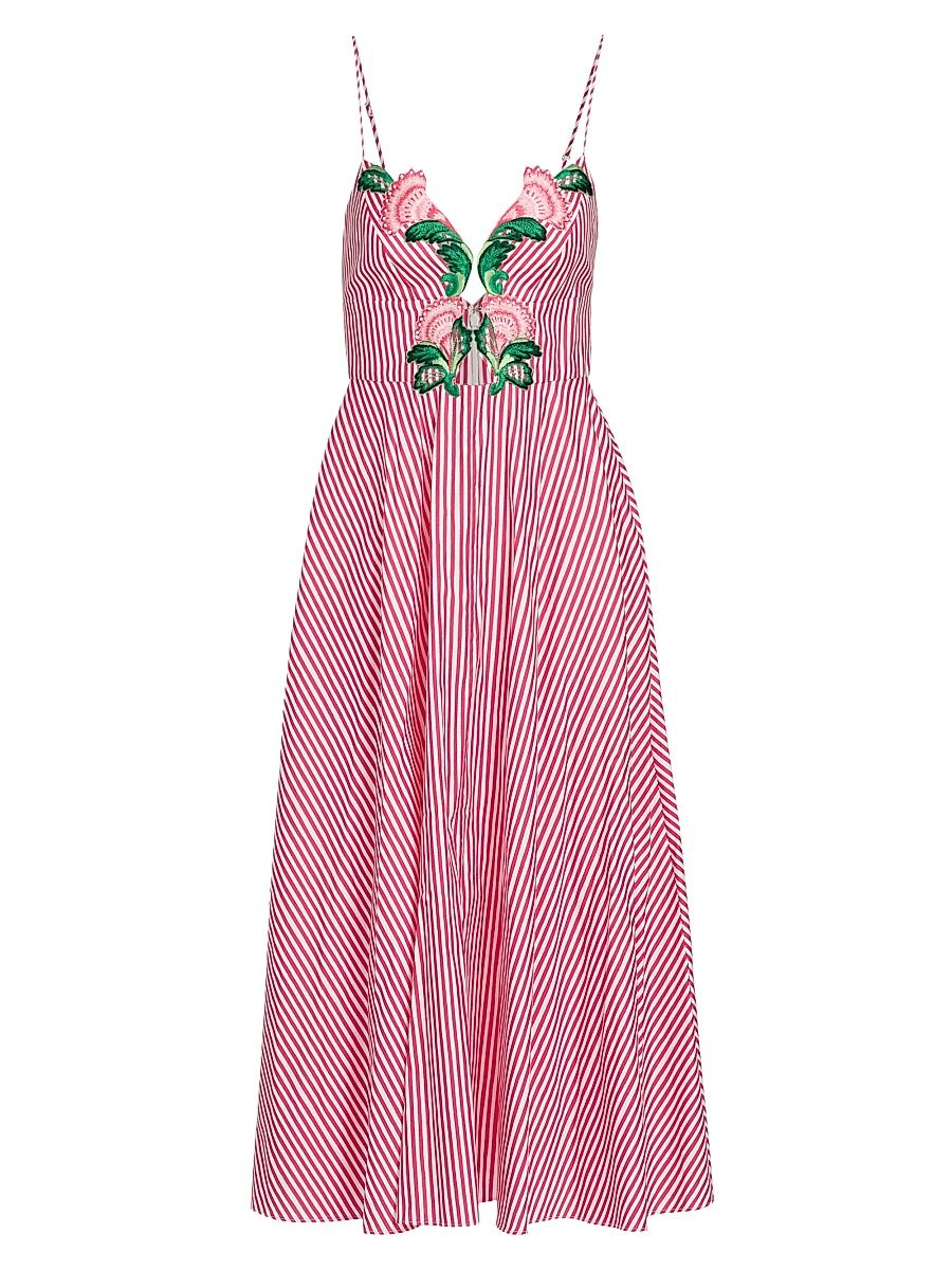 Women's Jana Embroidered Floral Striped Midi-Dress - Cerise Mini Stripe - Size 12