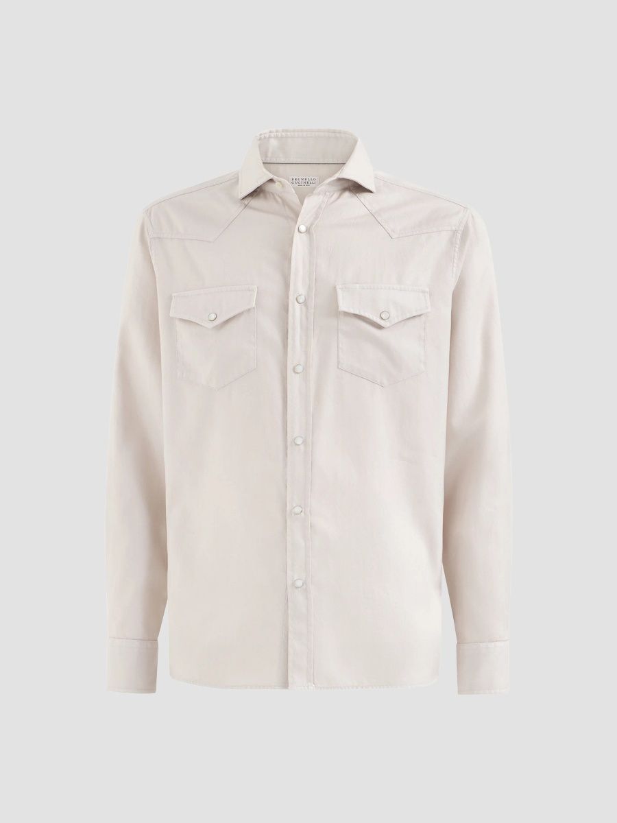 Brunello Cucinelli Men's Garment-Dyed Western Shirt in Cotton Chevron - Pearl - Size XXXL