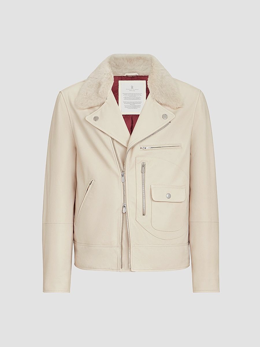Men's Nappa Leather Biker Jacket with Thermore Padding and Detachable Shearling Collar - Ivory - Size XL