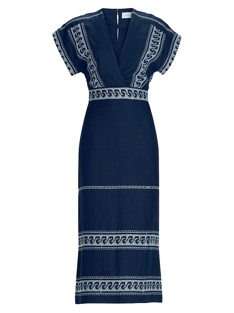 Women's Ady Linen Blend Midi-Dress - Navy White Embroidery - Size Small