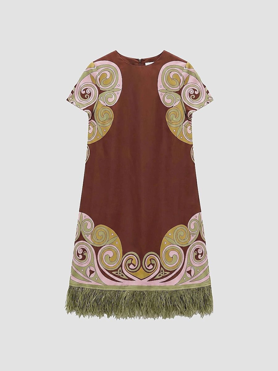 Women's Mini Swing Dress with Feathers - Kells Swirl Burgundy - Size 14