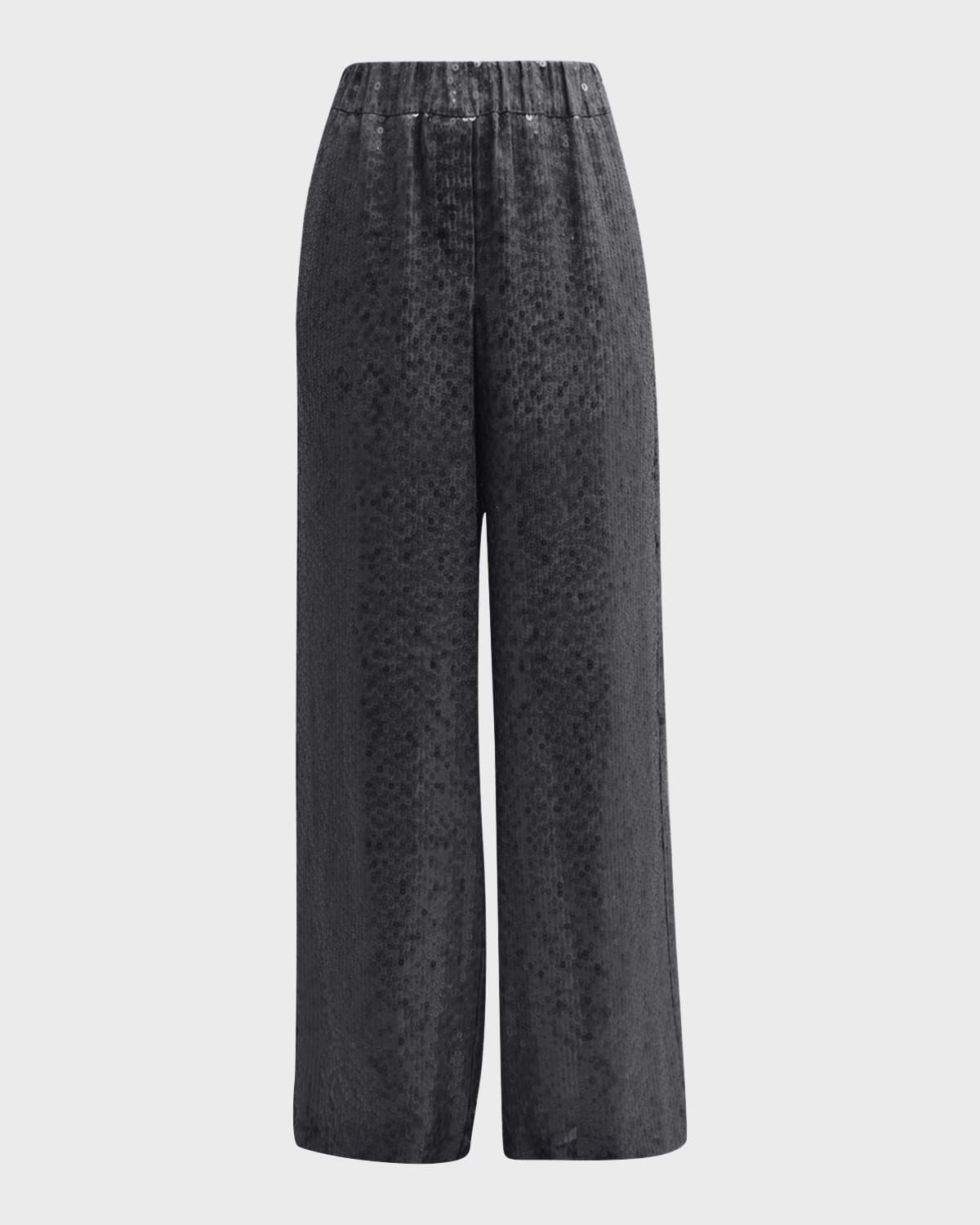 Crispy Silk Paillette Wide-Leg Pull-On Pants