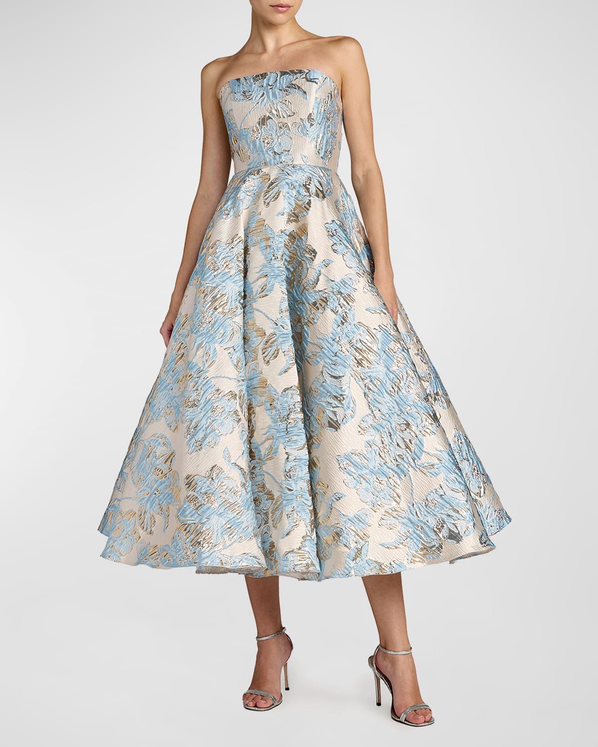 Strapless Metallic Brocade Midi Dress