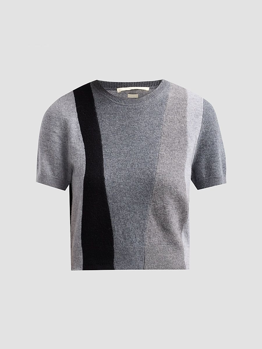 Women's Asymmetric Panelled Short-Sleeve Wool Knit Sweater - Charcoal Multi - Size XL