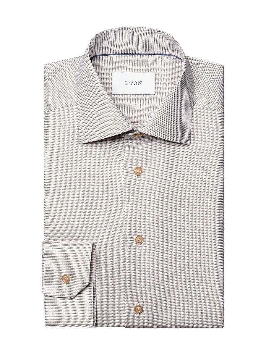 Men's Houndstooth Contemporary-Fit Cotton Twill Shirt - Beige - Size 18