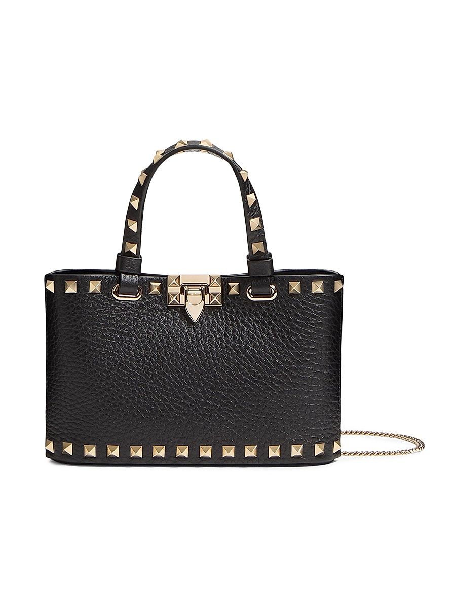 Women's Mini Rockstud Shopping Bag in Grainy Calfskin - Black