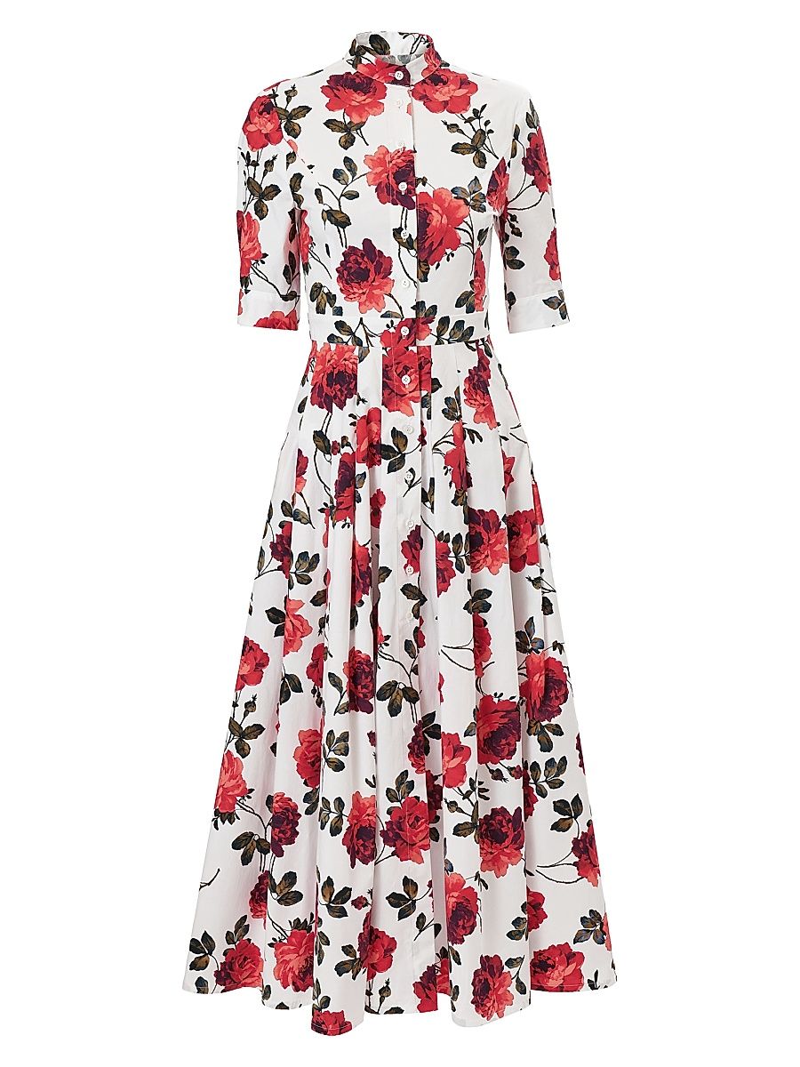 Women's Rose-Print Stretch Cotton Shirtdress - White Multi - Size 6