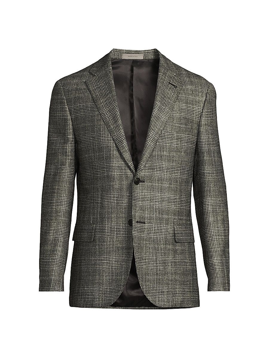 Men's Plaid Wool-Silk-Cashmere Sport Coat - Black Plaid - Size 44