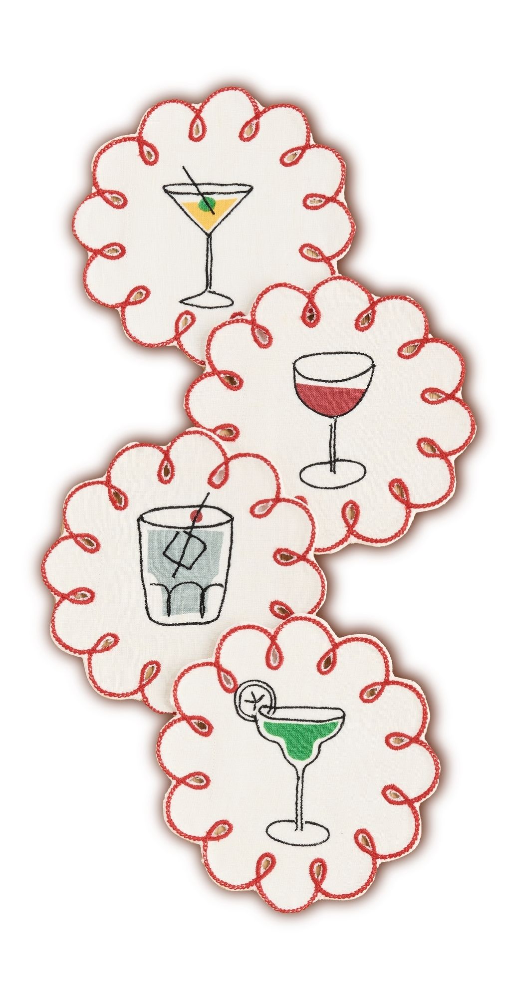 Misette Set of 4 Cocktail Embroidered Linen Coasters Multicolor One Size