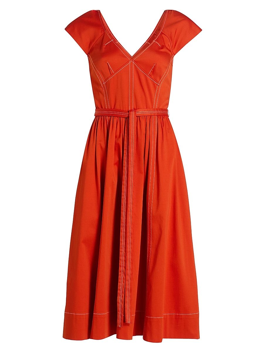 Women's Contast-Stitch Cotton Belted Midi-Dress - Dark Apricot - Size 14