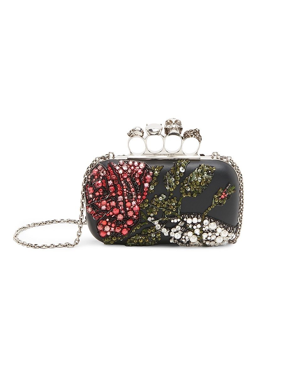 Women's Skull Beaded Leather Clutch - Multicolor Silver