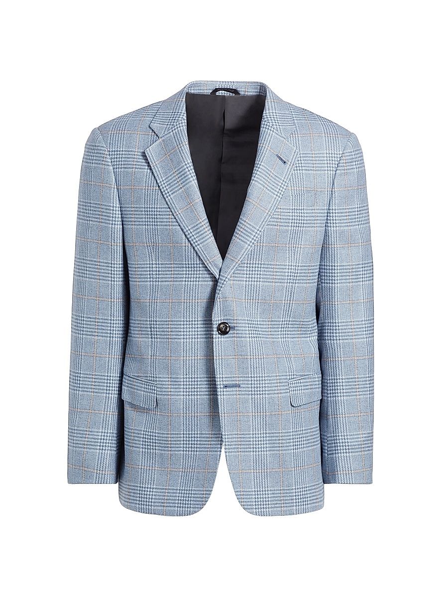 Men's Plaid Tailored Wool Jacket - Light Blue Tan - Size 38