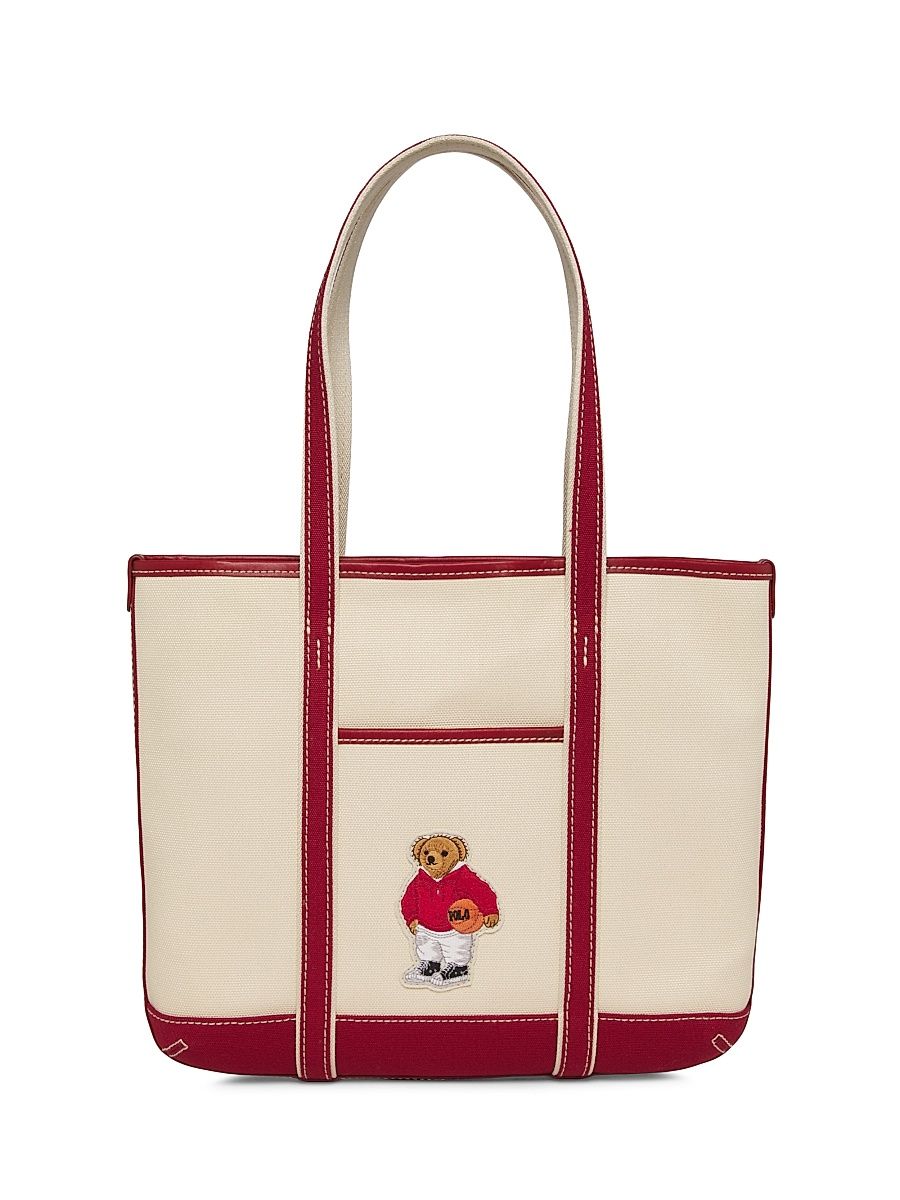 Women's Large Holiday Bear Canvas Tote Bag - Ecru Tan