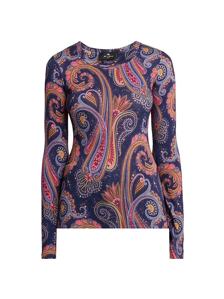 Women's Paisley Print Jersey Top - Stampa F Do Blu - Size Large