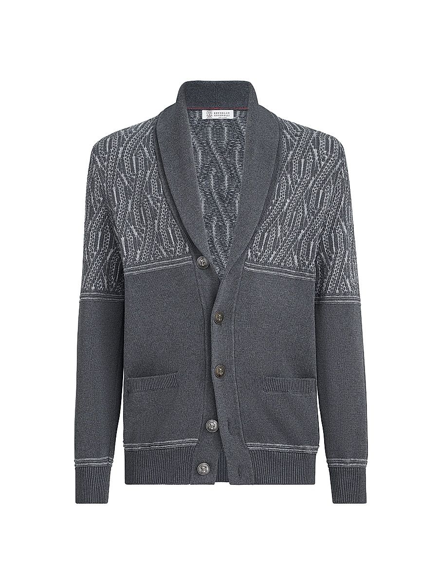Men's Cotton Shawl Collar Cardigan with Jacquard Cable Shoulder - Medium Grey - Size 44