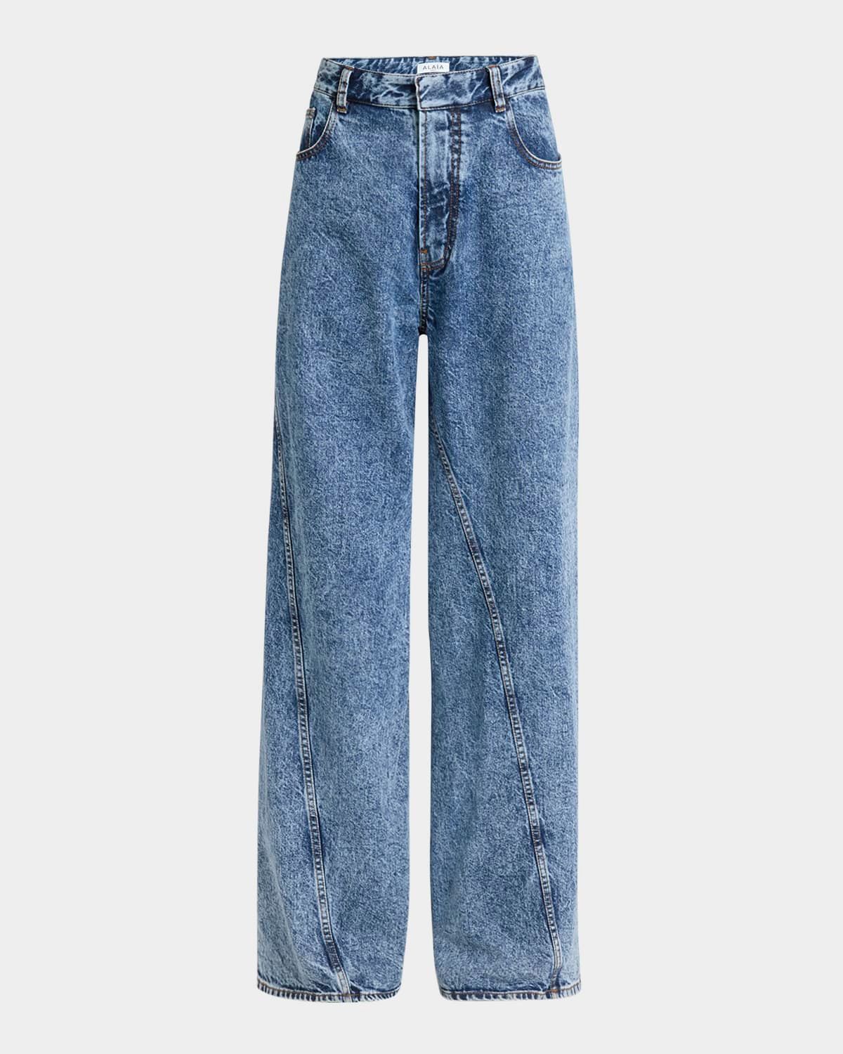 Twisted-Hem Wide-Leg Acid Denim Jeans