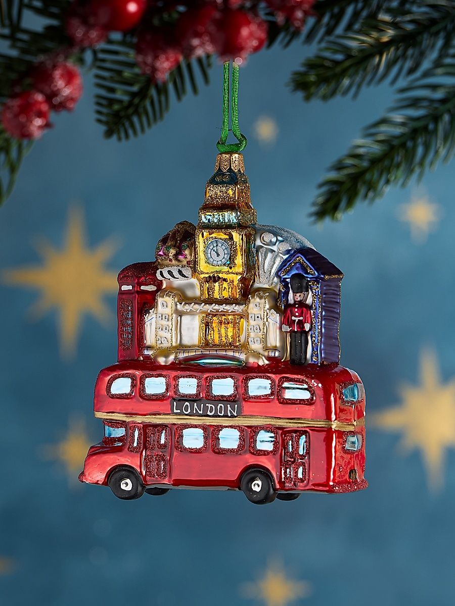 London Bus With Buildings Glass Ornament