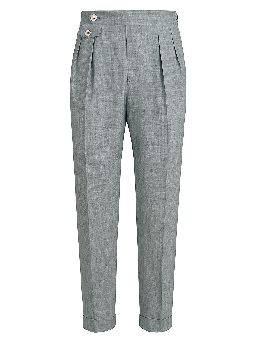 Men's Virgin Wool Fresco Trousers with Double Pleats and Waist Tabs - Grey - Size 38