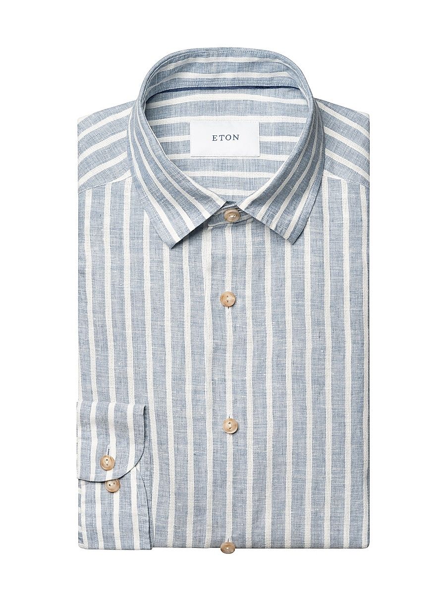 Men's Structure Striped Linen Button-Front Shirt - Mid Blue - Size XXL