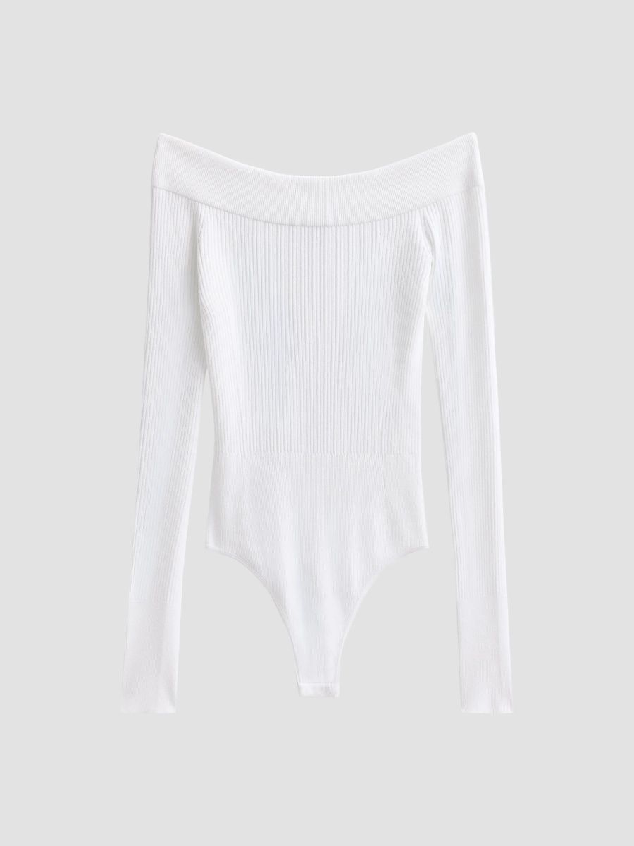 ALAÏA Women's Off-The-Shoulder Long-Sleeve Rib-Knit Bodysuit - Blanc - Size 10