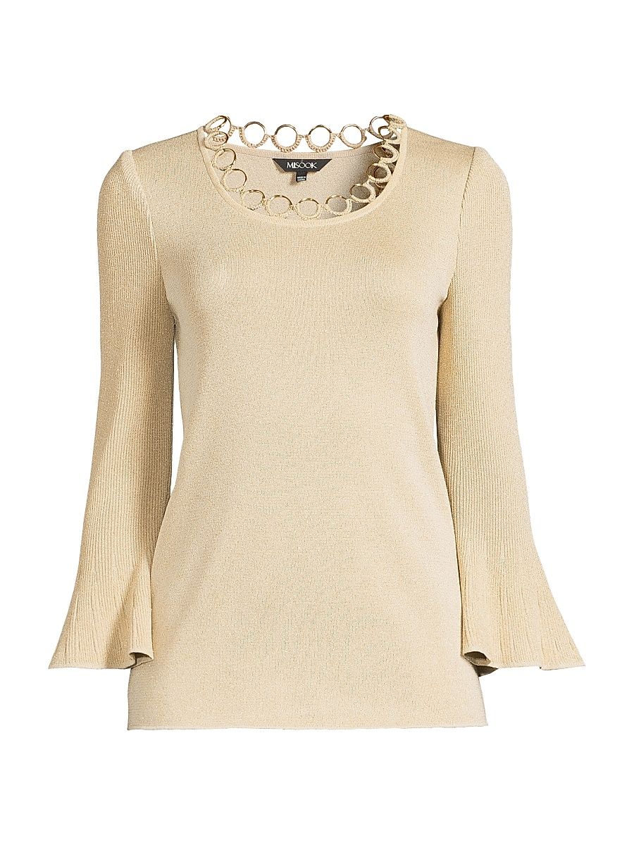 Women's Lurex Crochet-Knit Grommet Top - Biscotti - Size XXL