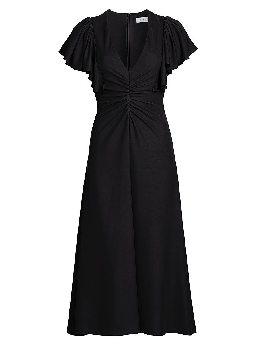 Women's Flutter-Sleeve Ruched Midi-Dress - Black - Size 14
