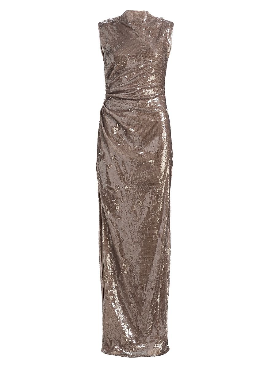 Women's Sequined Ruched Slip Gown - Oat - Size 14
